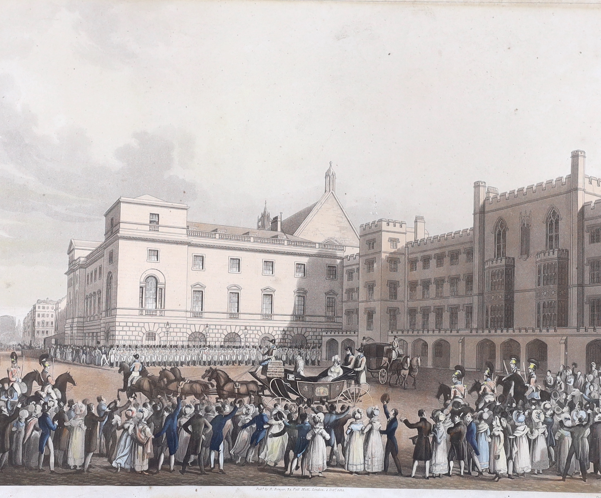 Four 18th / 19th century hand coloured engravings / aquatints, 'Arrival at Brandenburgh House of the Waterman', 'A View of the House of Commons' and 'A View of the House of Piers', largest 31 x 40cm